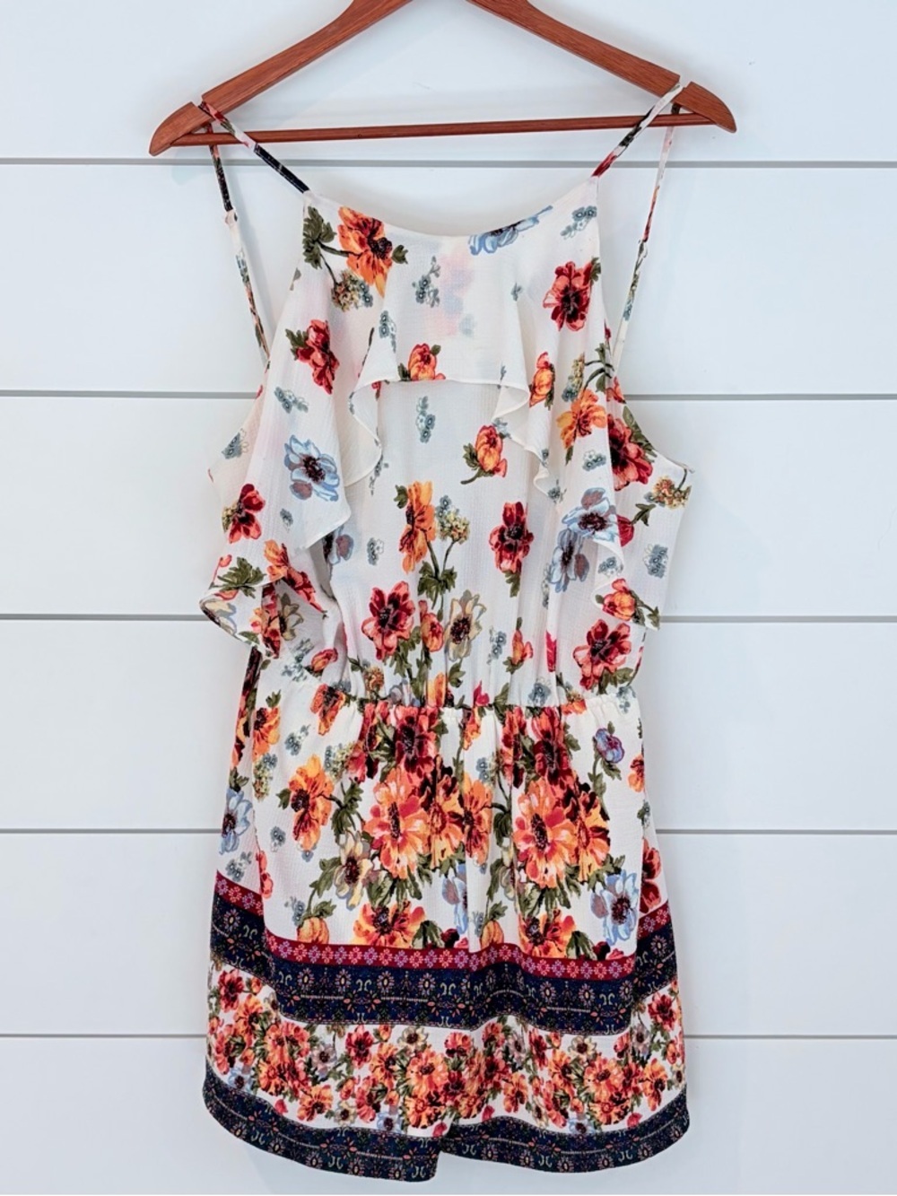 Blue Rain Floral Ruffle Romper Boho Cottagecore Tie Back Prairie Girl Summer M